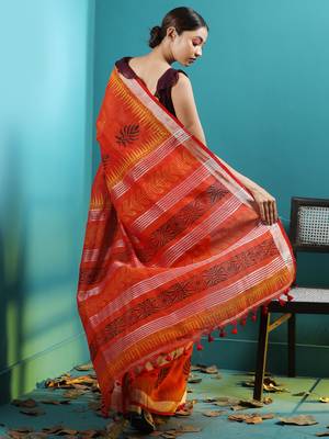 Orange Linen Saree With Handblock Prints 3