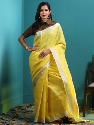 Yellow Linen Checkered Saree With Zari 1
