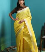 Yellow Linen Checkered Saree With Zari