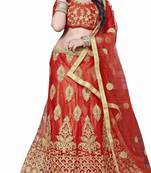 Red Embroidered Net Semi Stitched Lehenga