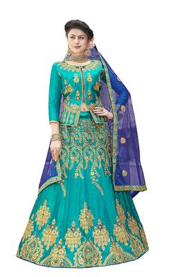 Sea-Green Embroidered Art Silk Semi Stitched Lehenga 1
