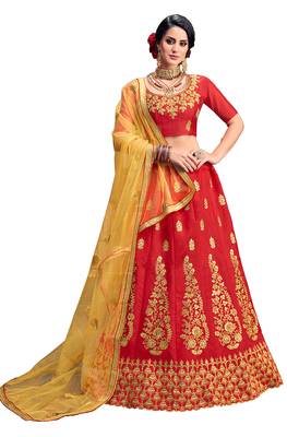 Red Embroidered Silk Semi Stitched Lehenga 1