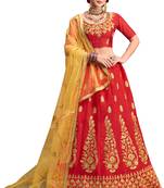 Red Embroidered Silk Semi Stitched Lehenga