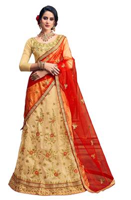 Beige Embroidered Art Silk Semi Stitched Lehenga 1