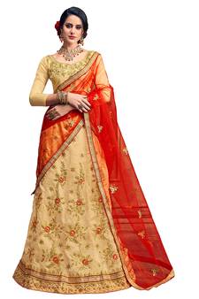 Beige Embroidered Art Silk Semi Stitched Lehenga