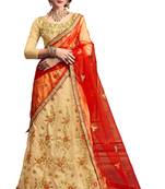 Beige Embroidered Art Silk Semi Stitched Lehenga
