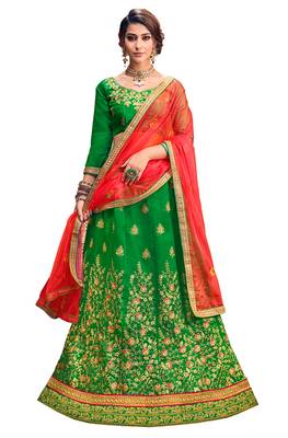 Green Embroidered Art Silk Semi Stitched Lehenga 1