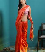 Orange Tusser Munga Saree With Zari Border