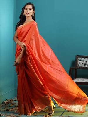 Orange Tusser Munga Saree With Zari Border 2