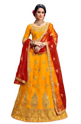 Yellow Embroidered Silk Semi Stitched Lehenga 1
