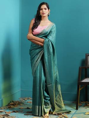 Blue Tusser Munga Saree With Zari Border 1