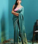 Blue Tusser Munga Saree With Zari Border