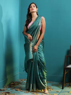 Blue Tusser Munga Saree With Zari Border 2