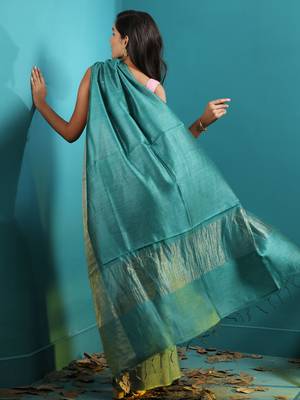 Blue Tusser Munga Saree With Zari Border 3