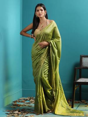 Olive Green Tusser Munga Saree With Zari Border 1