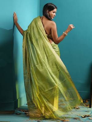 Olive Green Tusser Munga Saree With Zari Border 3
