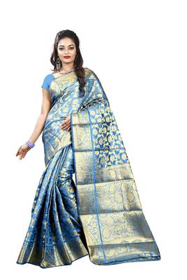 Sky Blue Woven Banarasi Silk Saree With Blouse 1