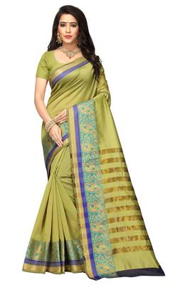 Green Woven Cotton Silk Saree With Blouse 1