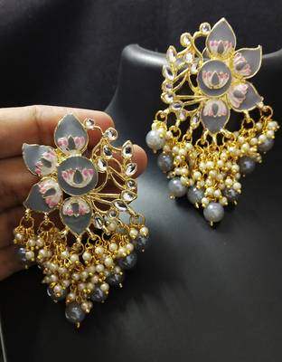 Grey Pink Meenakari Pearl Kundan Dangle Earrings 1