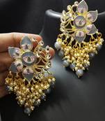 Grey Pink Meenakari Pearl Kundan Dangle Earrings