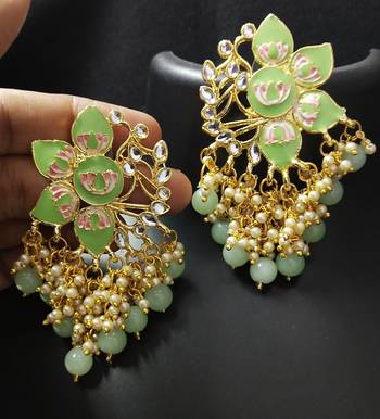 Green Pink Meenakari Pearl Kundan Dangle Earrings 1