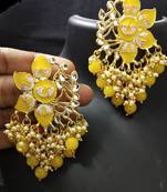 Yellow Pink Meenakari Pearl Kundan Dangle Earrings