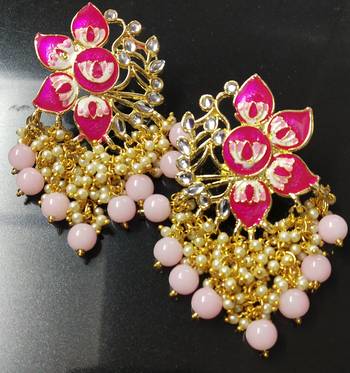 Magenta Pink Meenakari Pearl Kundan Dangle Earrings 1