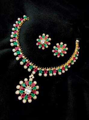 Georgeous Gold Plated Ruby, Kempu And Pearl Necklace Set 1
