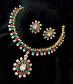Georgeous Gold Plated Ruby, Kempu And Pearl Necklace Set
