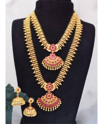 Georgeous Gold Plated Pink Colour Kundas Long And Short Necklace Sets For Wedding Jewellary 1