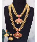 Georgeous Gold Plated Pink Colour Kundas Long And Short Necklace Sets For Wedding Jewellary