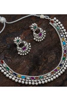 Silver Necklace Set With Kundans