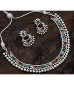 Silver Necklace Set With Kundans