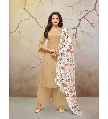 Beige & White Jam Cotton Women's Dress Material With Printed Cotton Dupatta 1