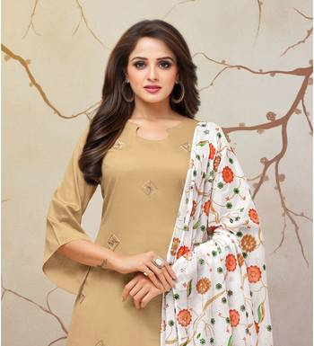 Beige & White Jam Cotton Women's Dress Material With Printed Cotton Dupatta 2