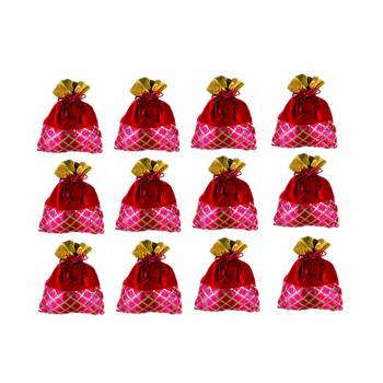 Silk and Velvet Fabric Ethnic Potli Pouch with Criss-Cross Gota Strips (Multicolour)-Set of 12     1