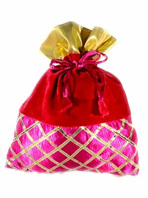 Silk and Velvet Fabric Ethnic Potli Pouch with Criss-Cross Gota Strips (Multicolour)-Set of 12     2
