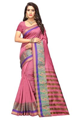 Pink Woven Cotton Silk Saree With Blouse 1