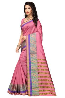 Pink Woven Cotton Silk Saree With Blouse 3