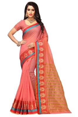 Pink Woven Cotton Silk Saree With Blouse 1