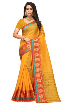 Yellow Woven Cotton Silk Saree With Blouse 1