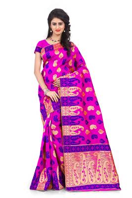Pink woven banarasi silk saree with blouse 1