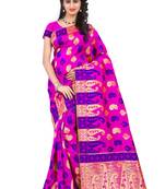Pink woven banarasi silk saree with blouse