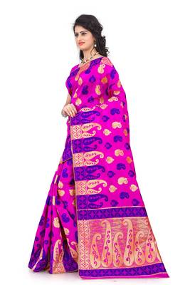Pink woven banarasi silk saree with blouse 2
