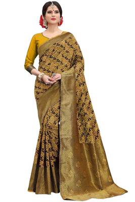 Mustard woven banarasi silk saree with blouse 1