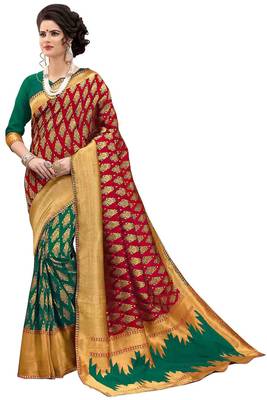 Red woven banarasi silk saree with blouse 1