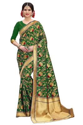 Green woven banarasi silk saree with blouse 1