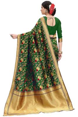 Green woven banarasi silk saree with blouse 3