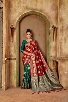 Red woven banarasi silk saree with blouse 1