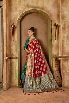 Red woven banarasi silk saree with blouse 2